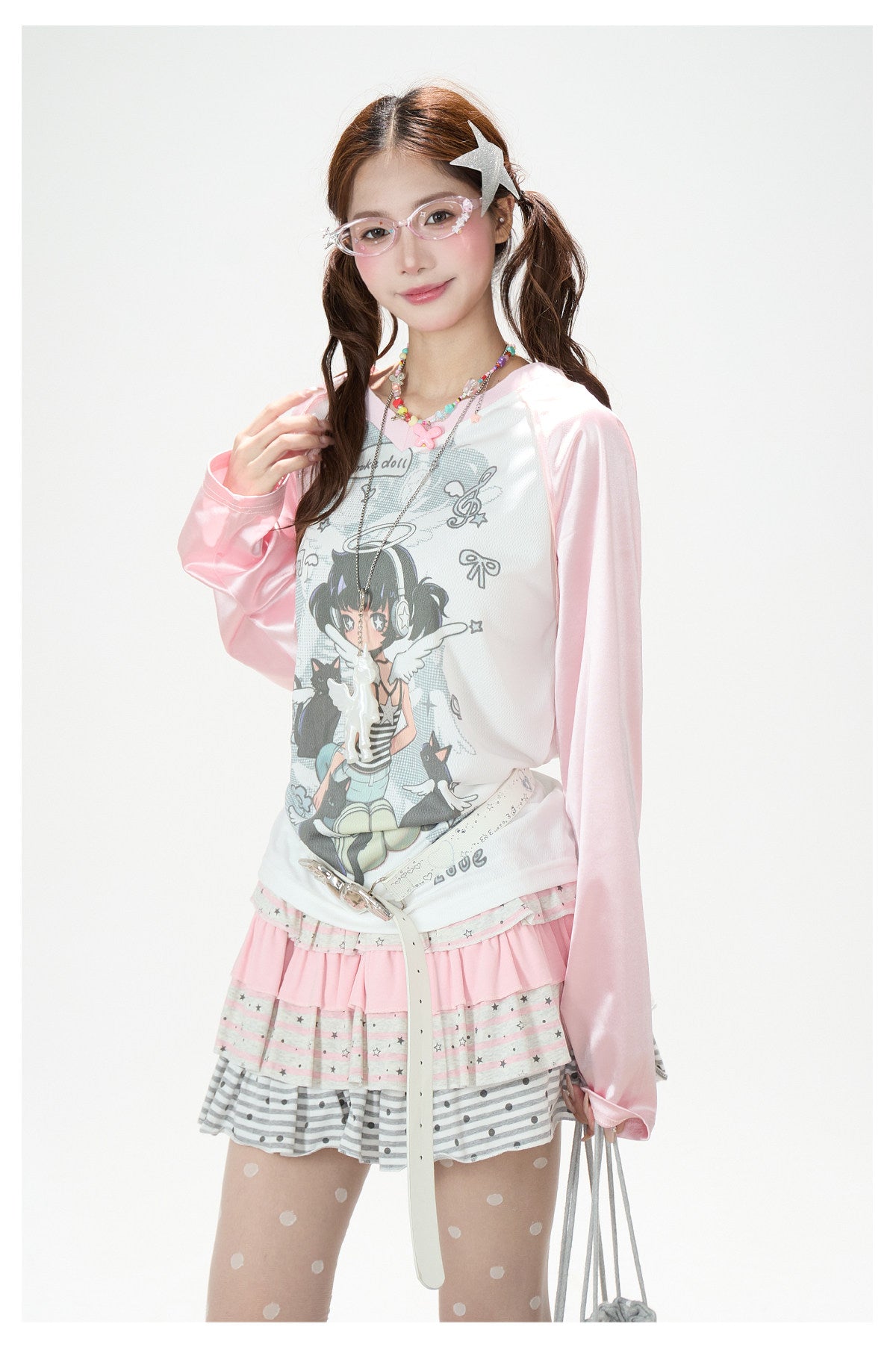 Cartoon Angel Raglan Long Sleeve Top & Black Star Drawstring Shorts