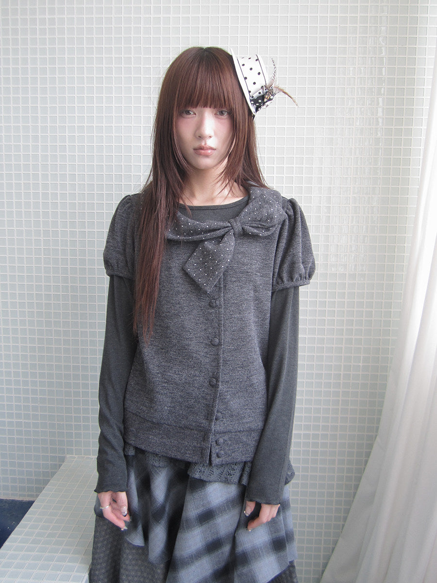Polka Dot Bow Knit Top & Long Sleeve Two-Piece Set