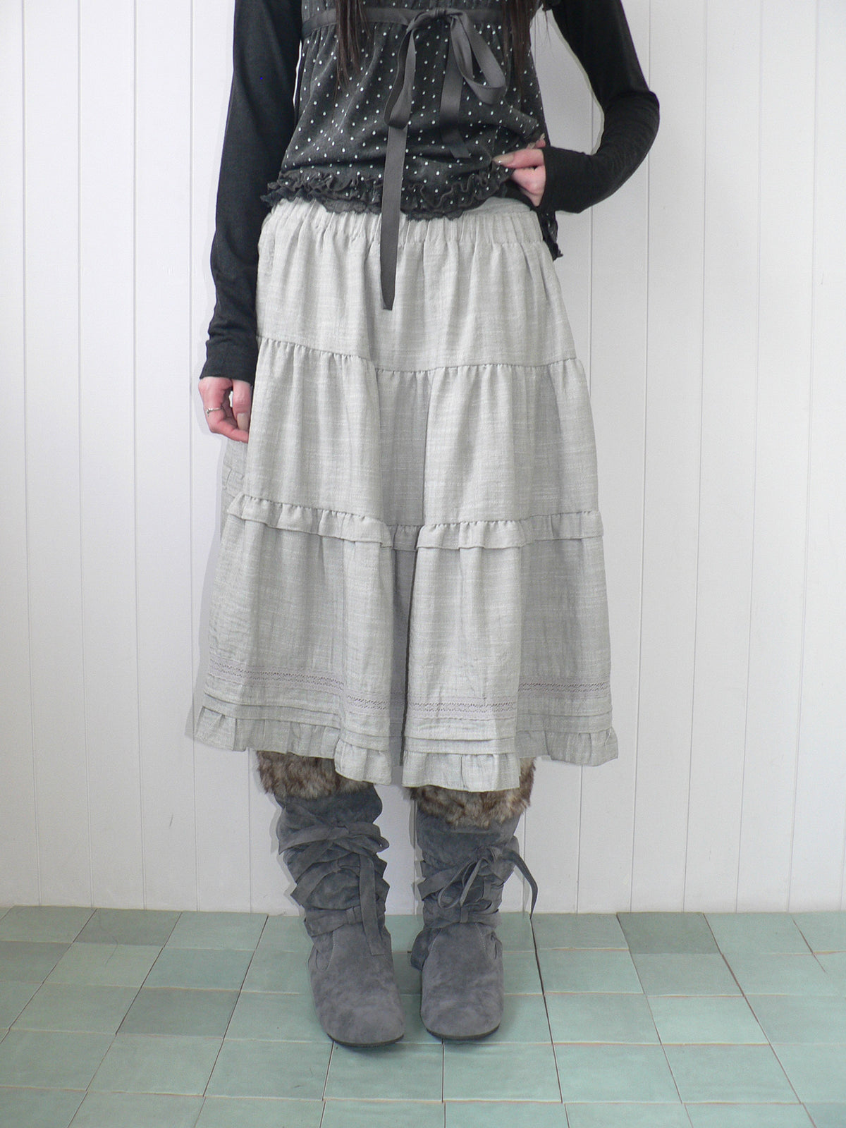 Ruffle-Trim Tiered Midi Skirt
