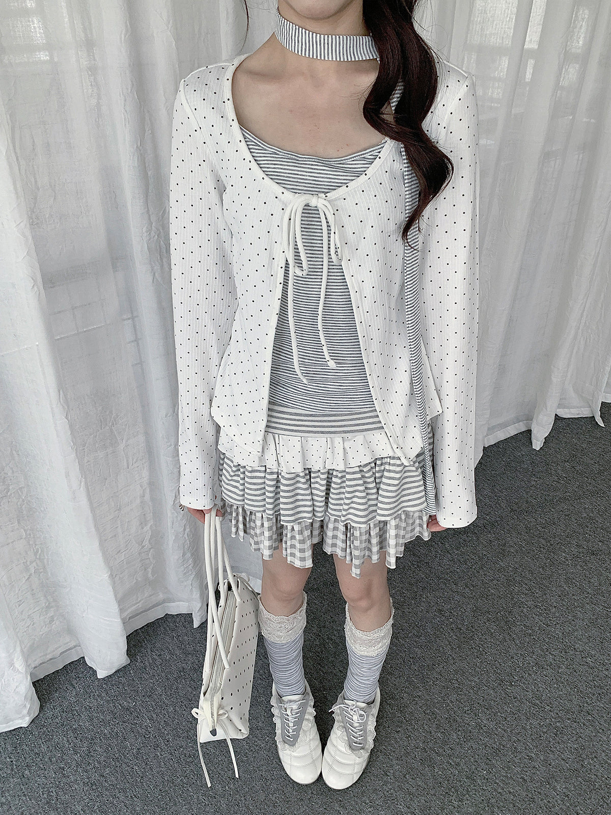 Polka Dot Tie-Front Layered Long Sleeve Top