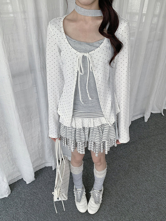Polka Dot Tie-Front Layered Long Sleeve Top