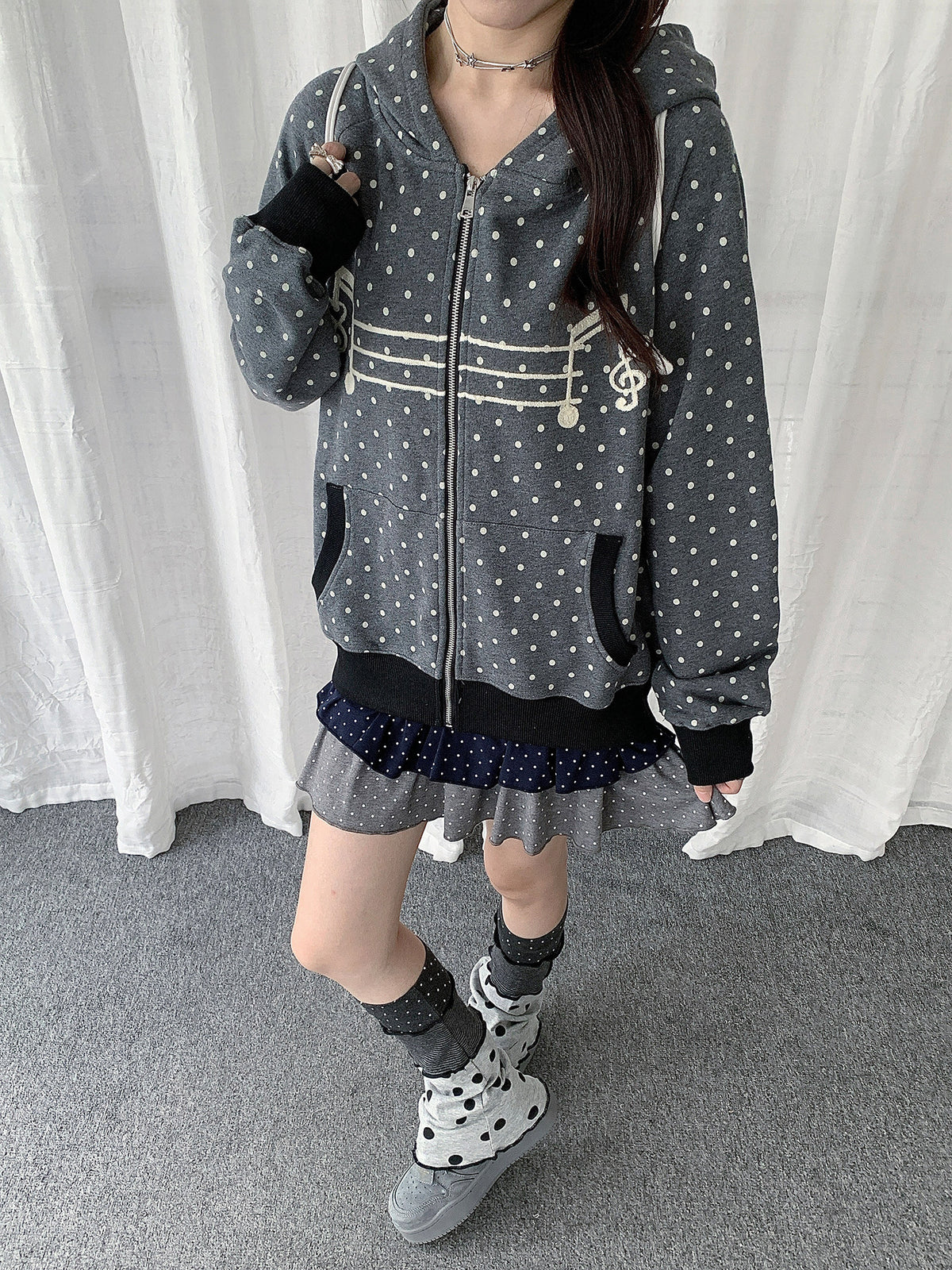 Polka Dot Music-Note Embroidered Zip Hoodie