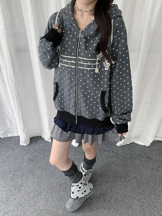 Polka Dot Music-Note Embroidered Zip Hoodie
