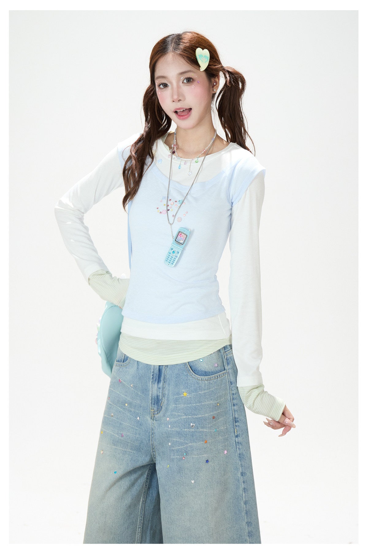 Contrast Faux Three-Layer Long Sleeve Top
