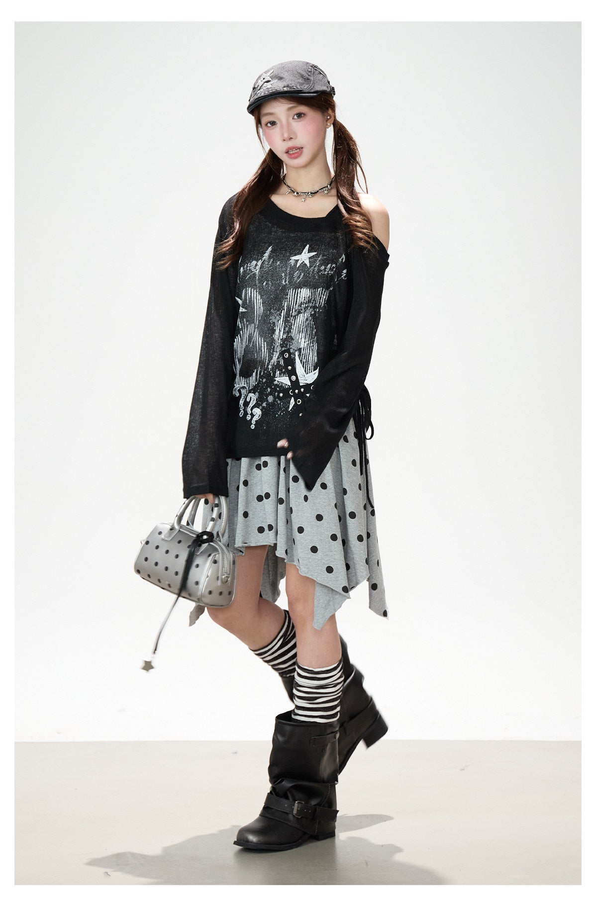 Dark Graffiti Off-Shoulder Long Sleeve Top & Asymmetric Polka-Dot Mini Skirt