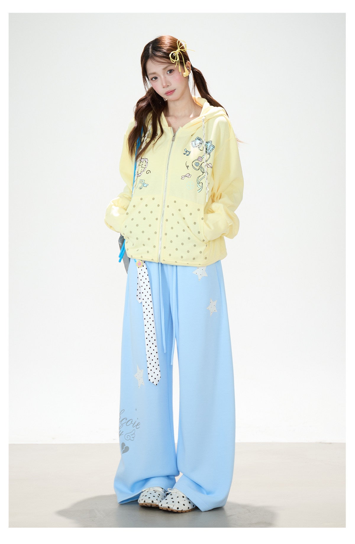 Bow Music Note Polka-Dot Zip-Up Hoodie & Blue Star Wide-Leg Pants