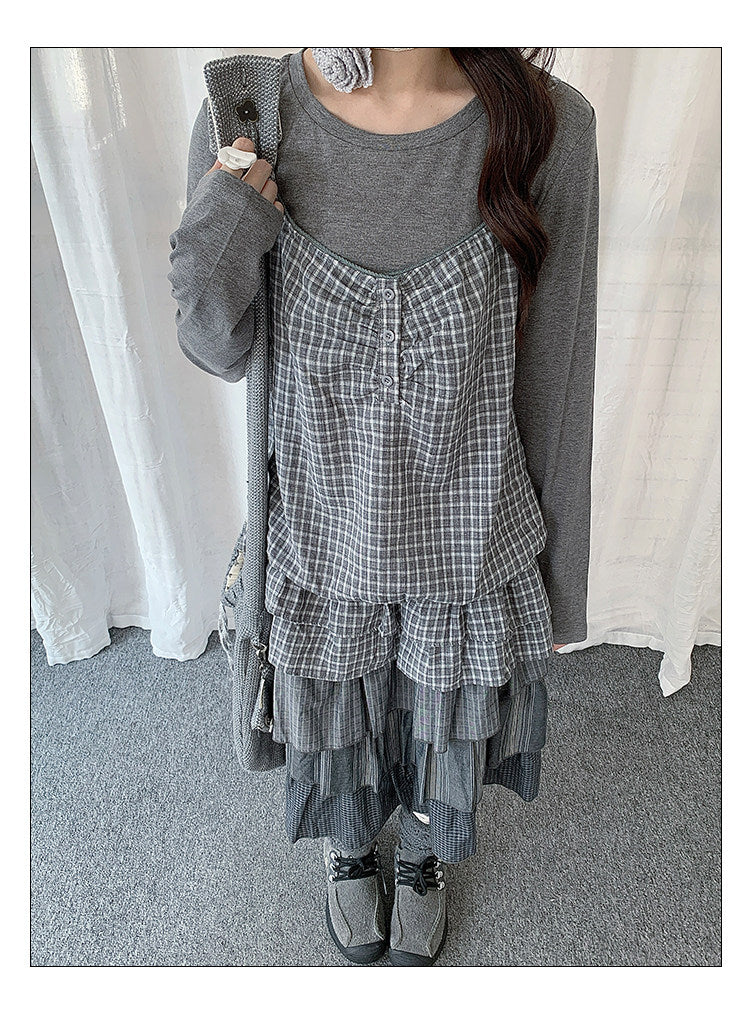 Gray Plaid Cami & Long Sleeve Layered Top Set