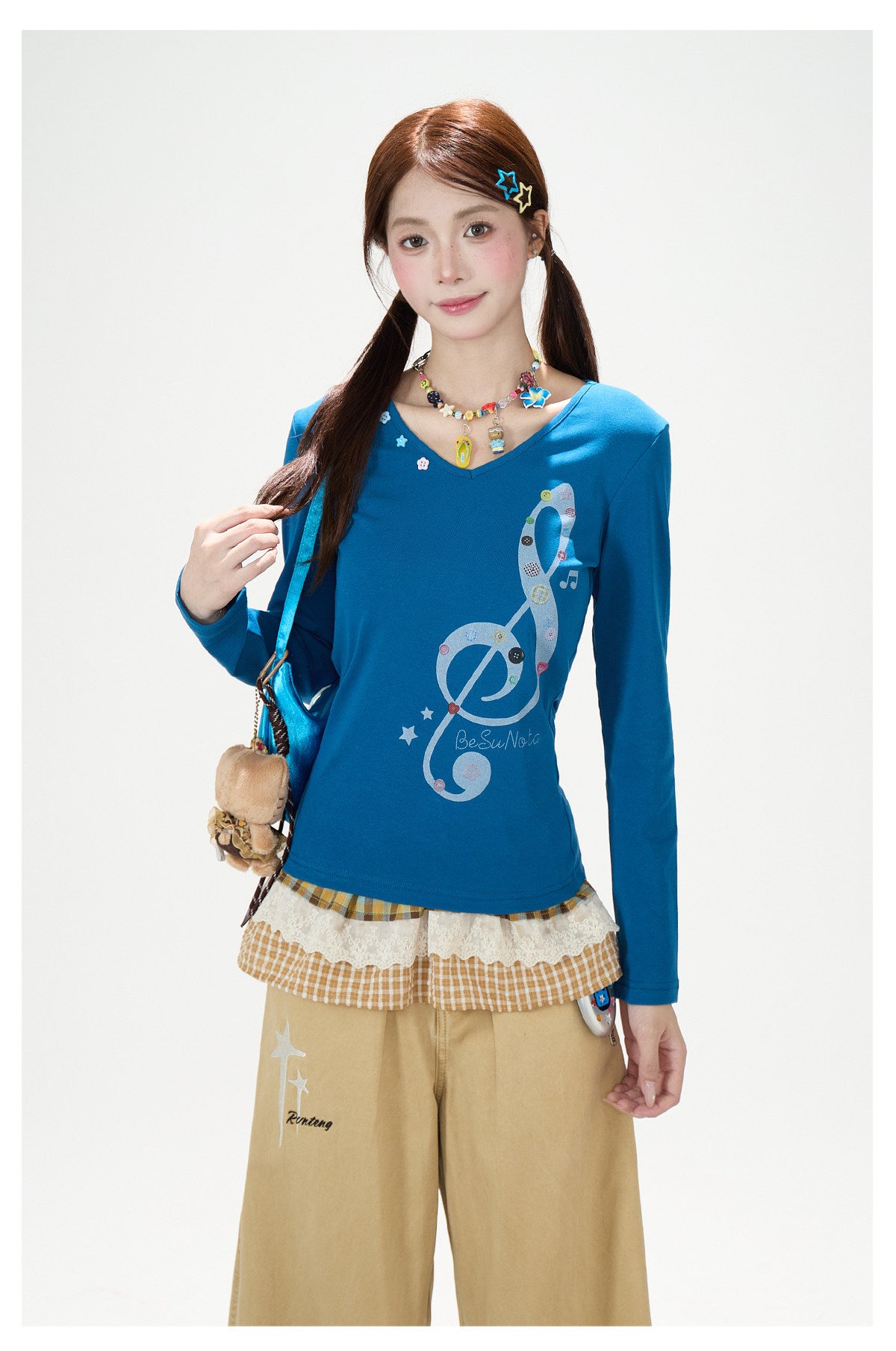Music Note Star Button V-Neck Long Sleeve Top & Pink Stripe Wide-Leg Pants