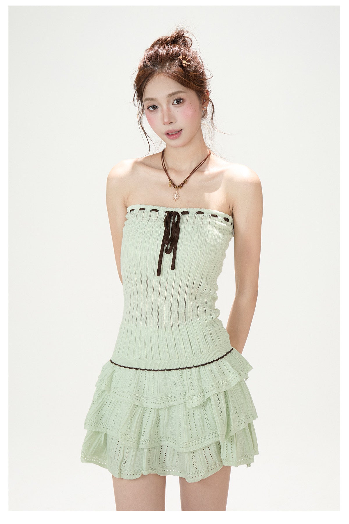 Pointelle Bow Cardigan & Cami Knit Set & Tiered Ruffle Mini Skirt