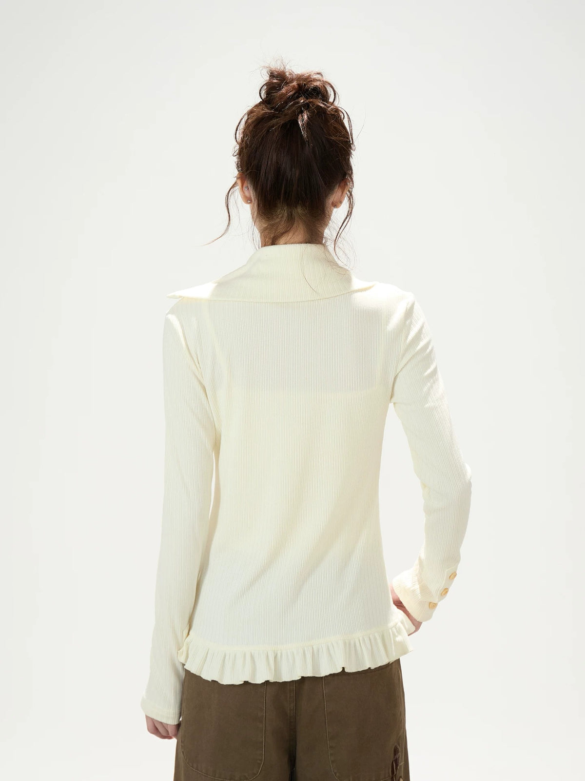 Star Patch Ruffle-Hem Collared Cardigan & Brown Plaid-Cuff Wide-Leg Pants