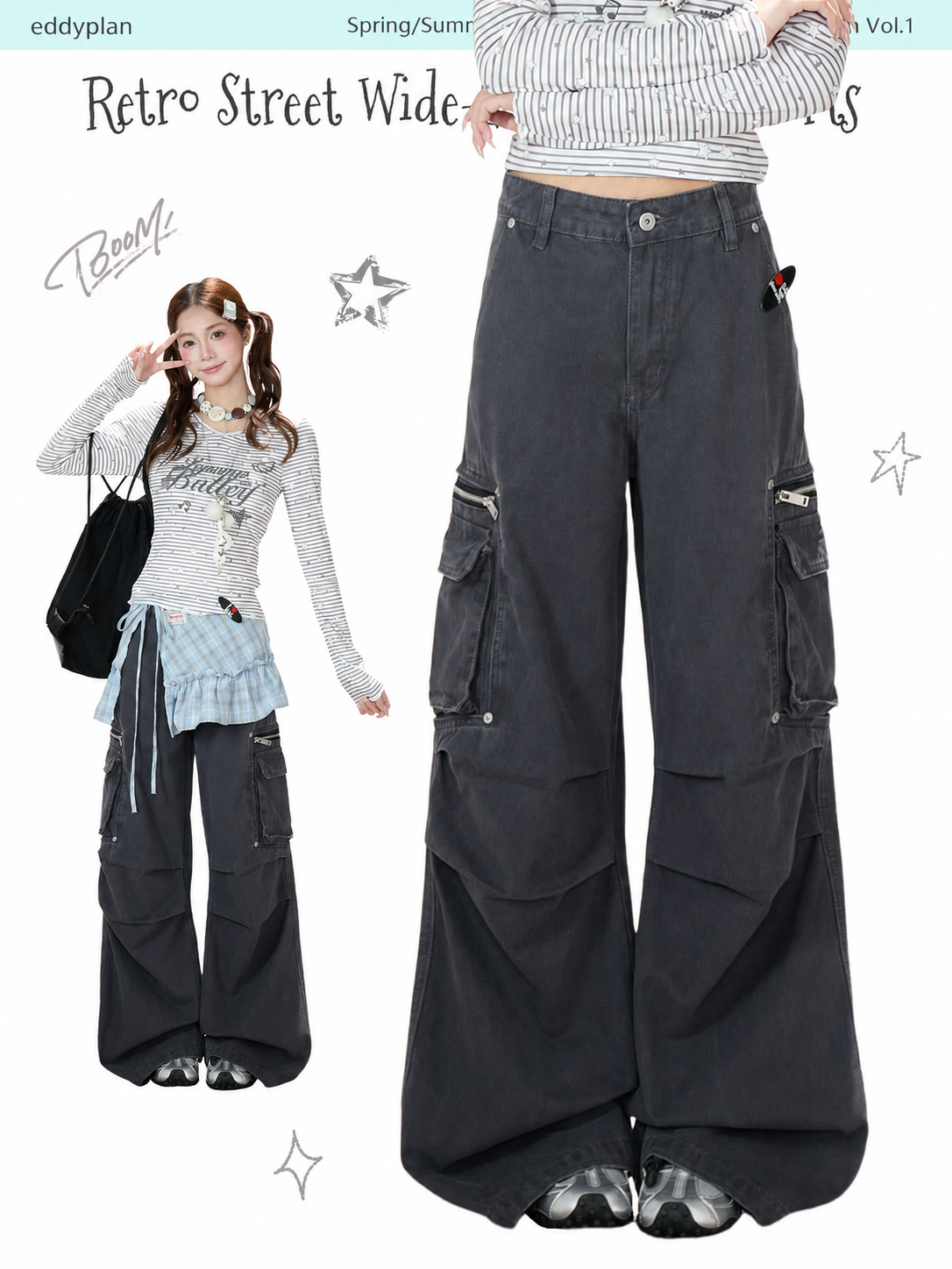 Washed Gray Multi-Pocket Wide-Leg Cargo Jeans