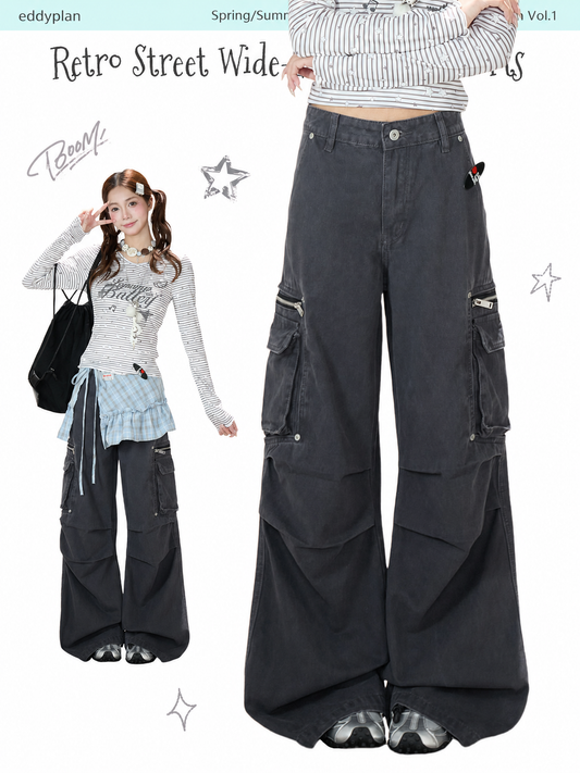 Washed Gray Multi-Pocket Wide-Leg Cargo Jeans