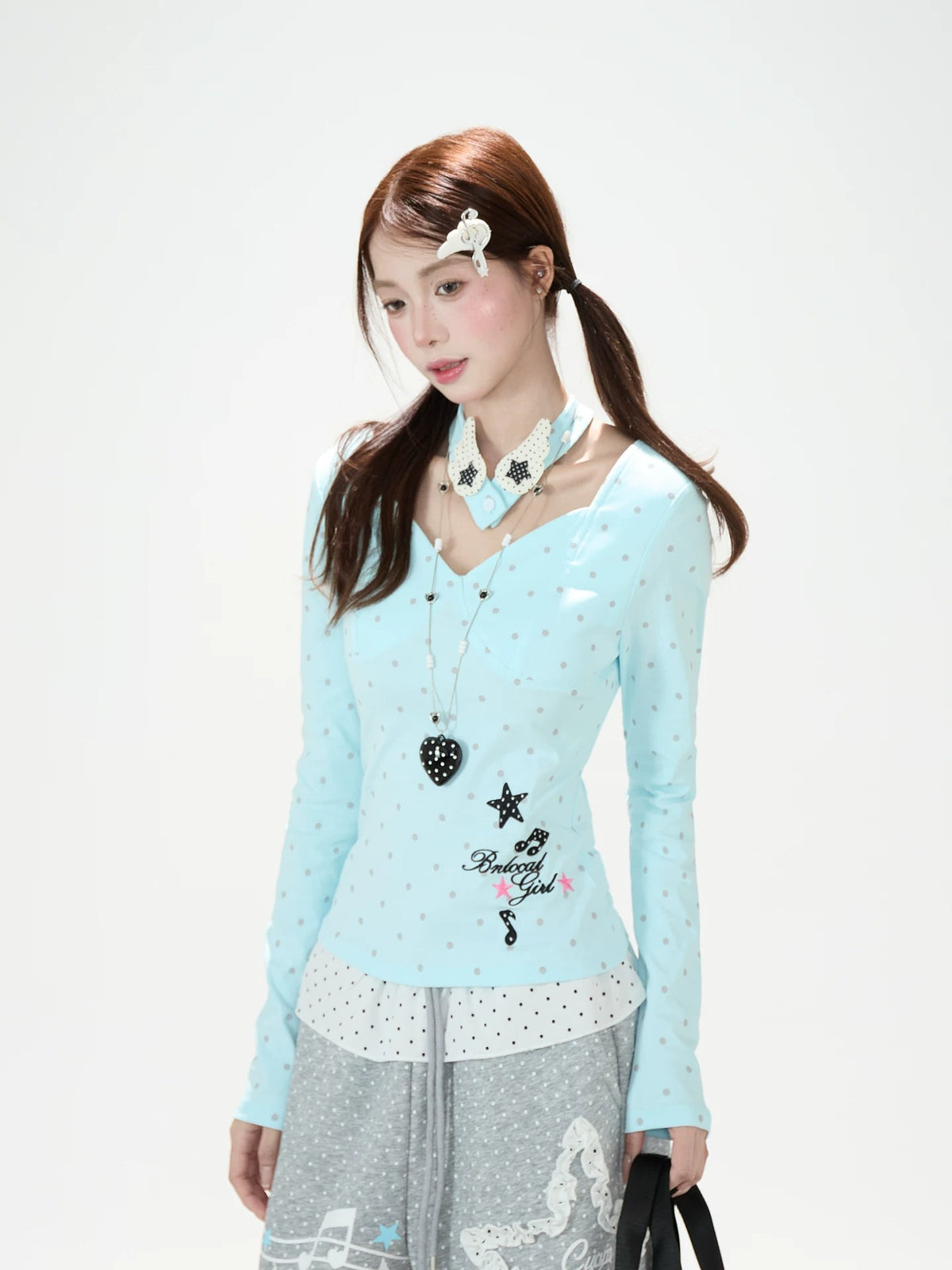 Polka-Dot V-Neck Long Sleeve Top & Lace Star Wide-Leg Pants