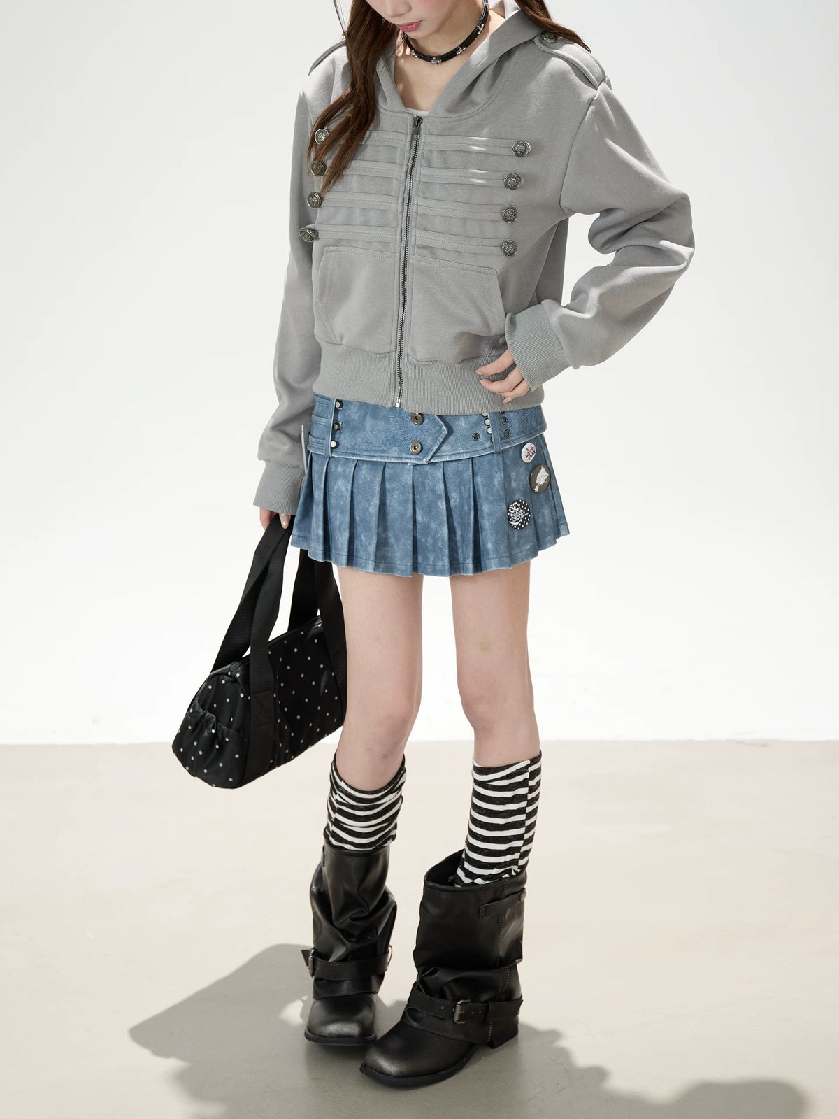 Utility Button Zip-Up Hoodie & Blue Pleated Mini Skirt