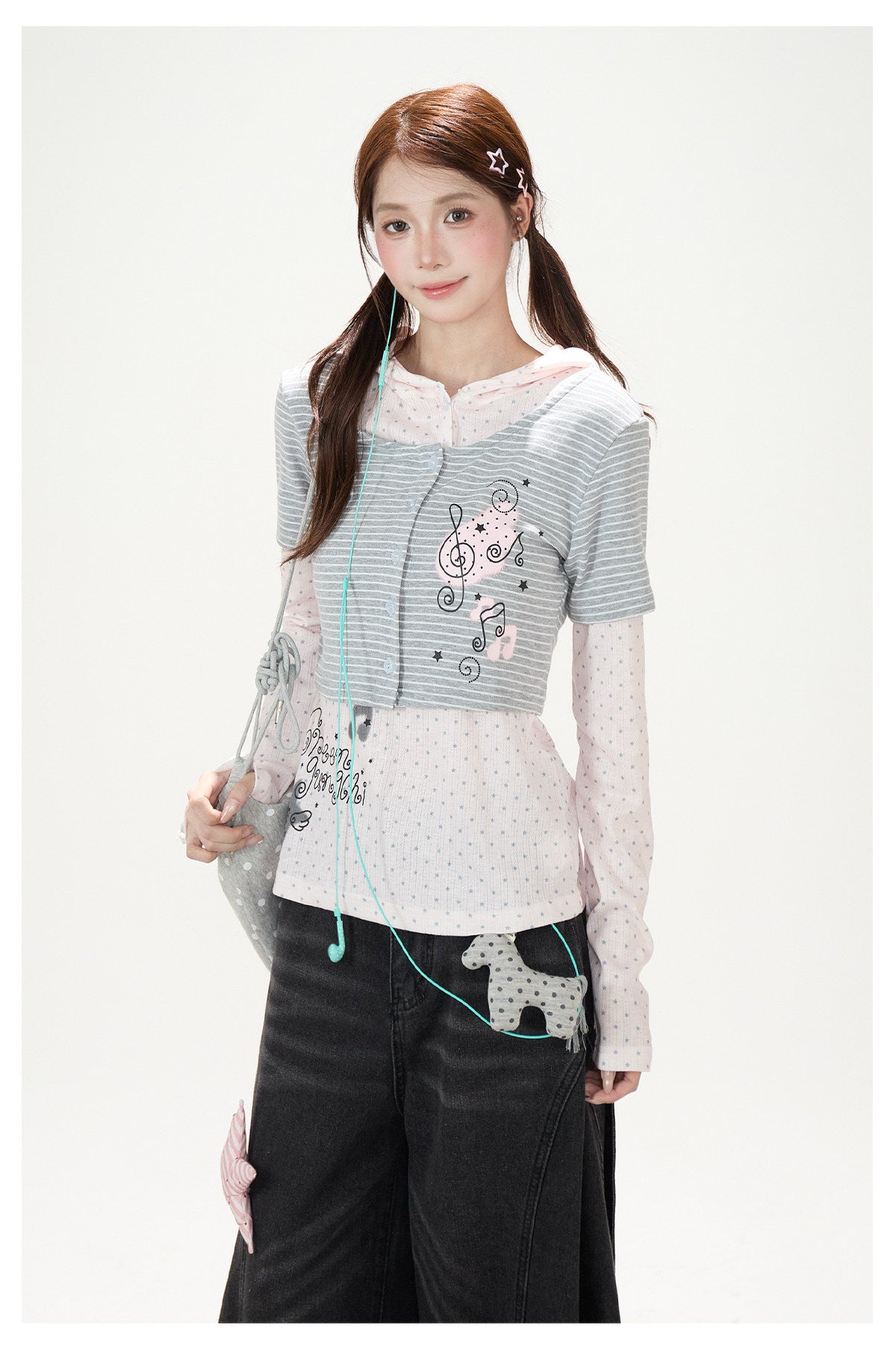 Striped Polka-Dot Layered Two-Piece Top Set & Star Patch Wide-Leg Jeans