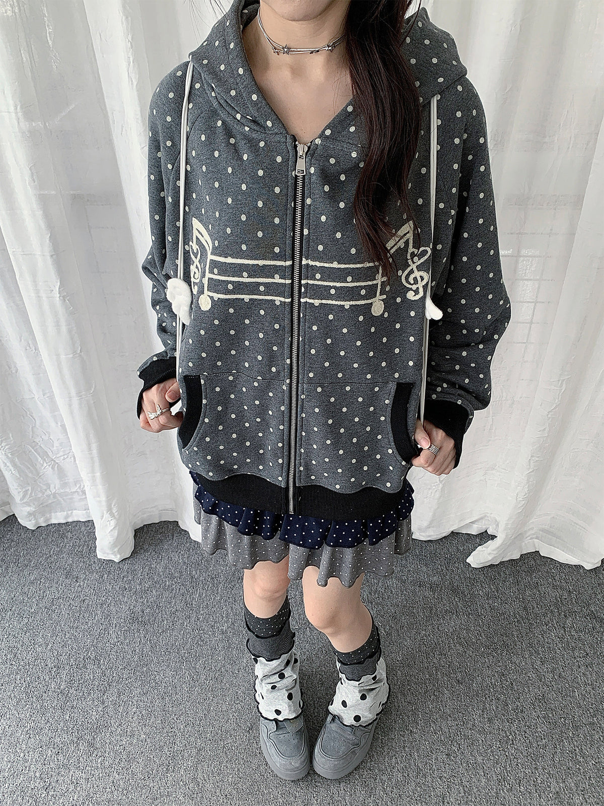 Polka Dot Music-Note Embroidered Zip Hoodie