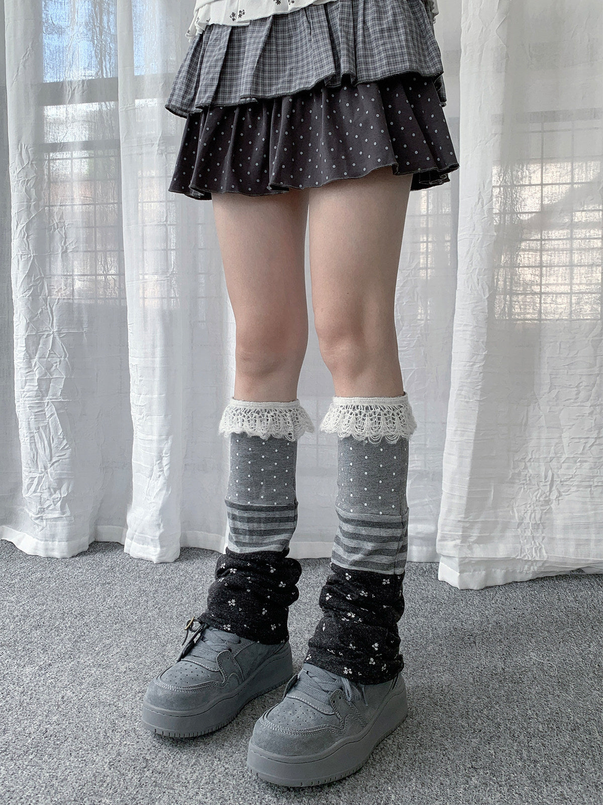 Lace Polka Dot Stripe Patchwork Leg Warmers