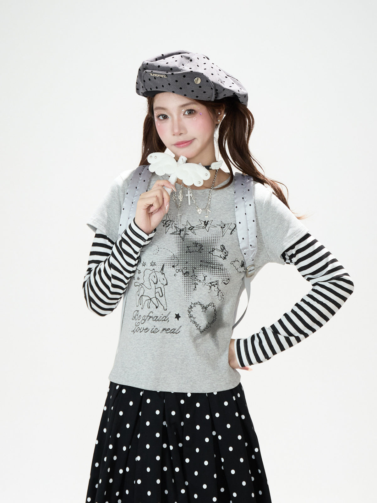 Striped Faux-Layered Graphic Long Sleeve Top & Polka Dot Pleated Mini Skirt
