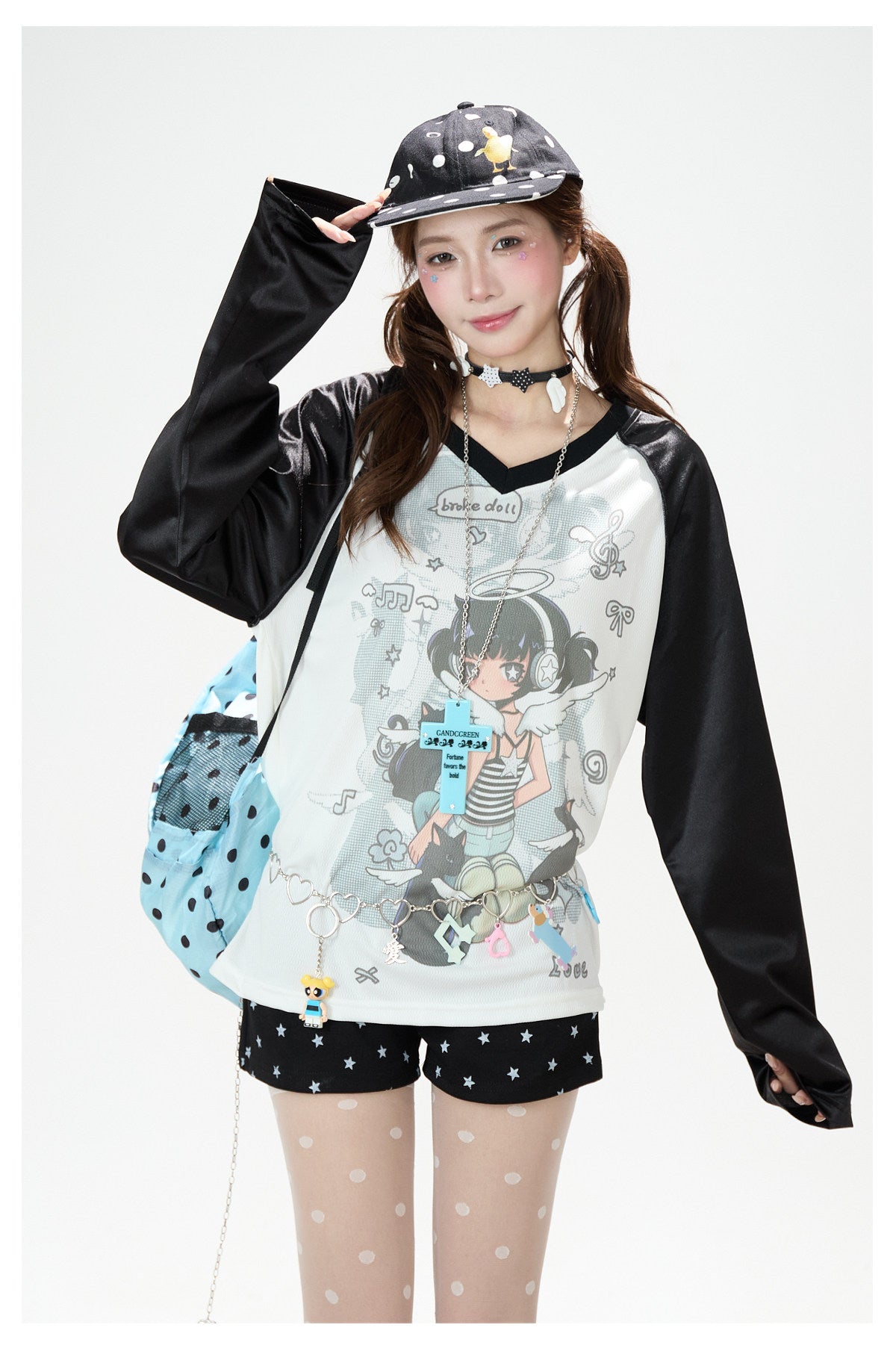 Cartoon Angel Raglan Long Sleeve Top & Black Star Drawstring Shorts
