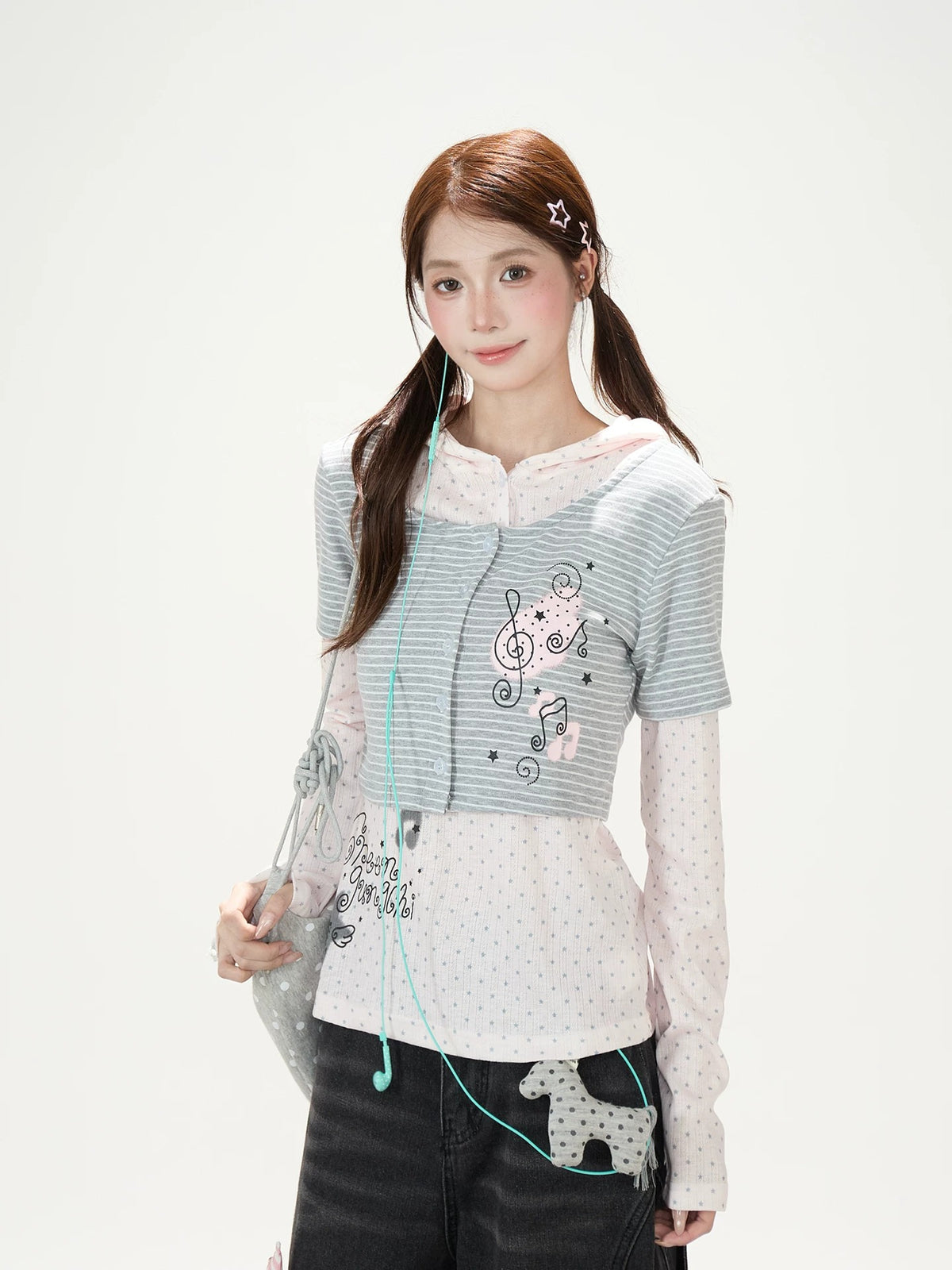 Striped Polka-Dot Layered Two-Piece Top Set & Star Patch Wide-Leg Jeans