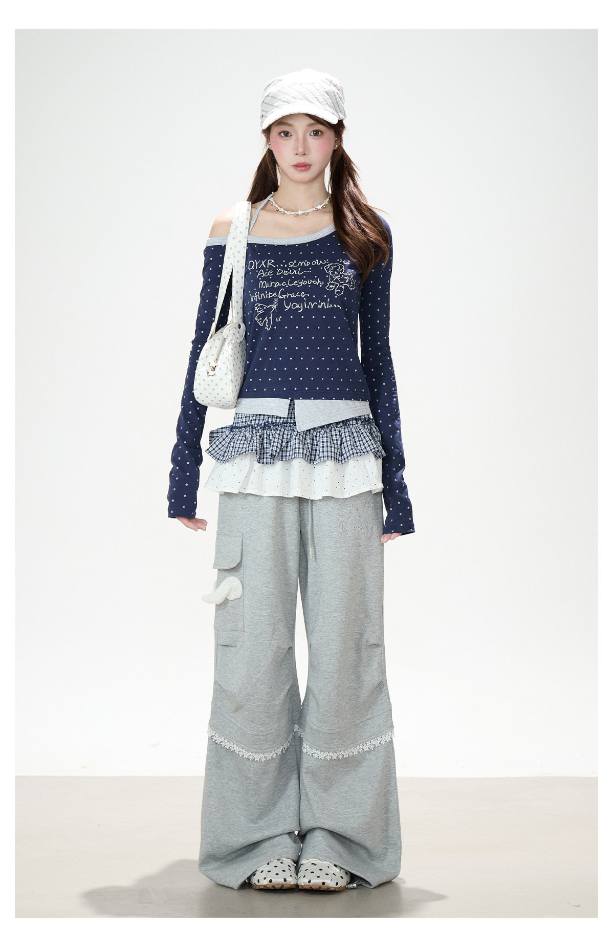 Polka-Dot Halter Off-Shoulder Long Sleeve Top & Wing Lace Wide-Leg Cargo Pants