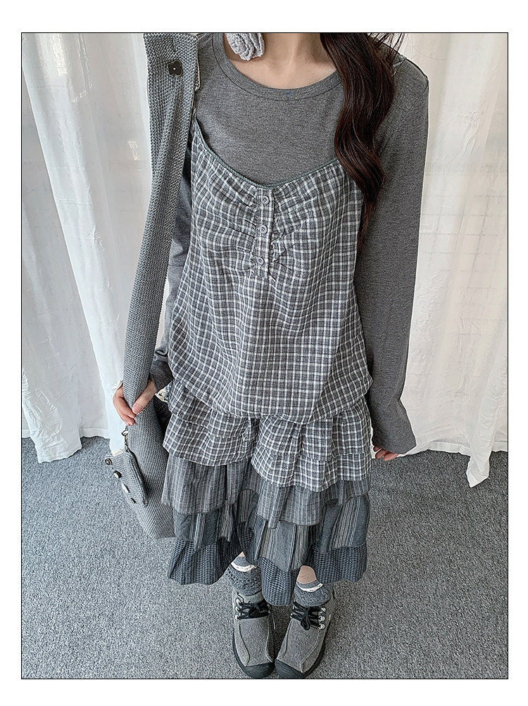 Gray Plaid Cami & Long Sleeve Layered Top Set