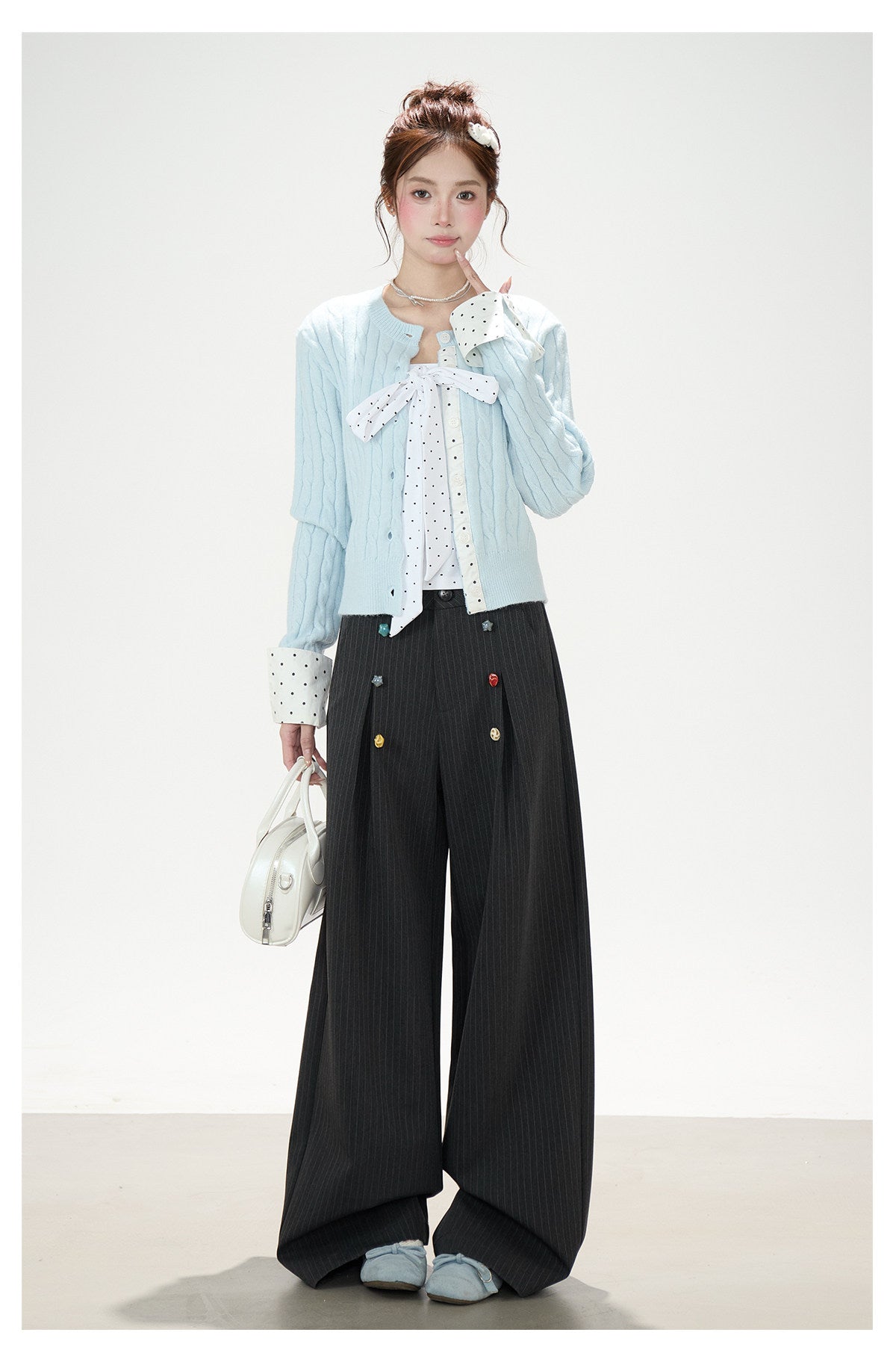 Cable-Knit Polka-Dot Faux-Layered Cardigan