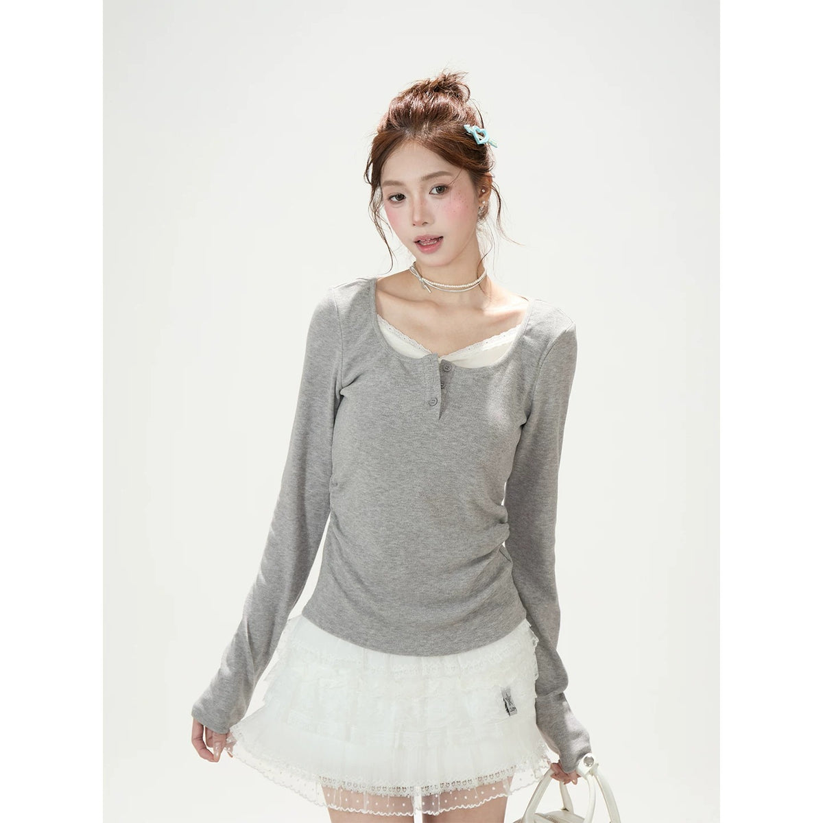 Faux-Layered V-Neck Long Sleeve Top & Ruffle Mini Skirt