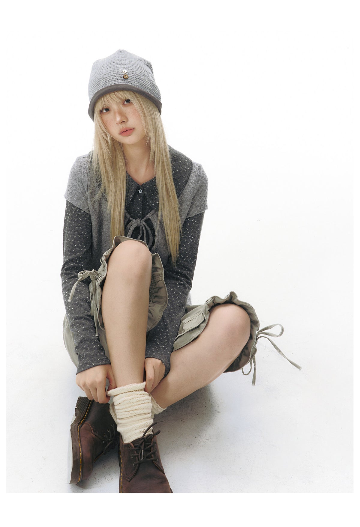 Doll-Collar Long Sleeve & Tie-Front Cardigan Set