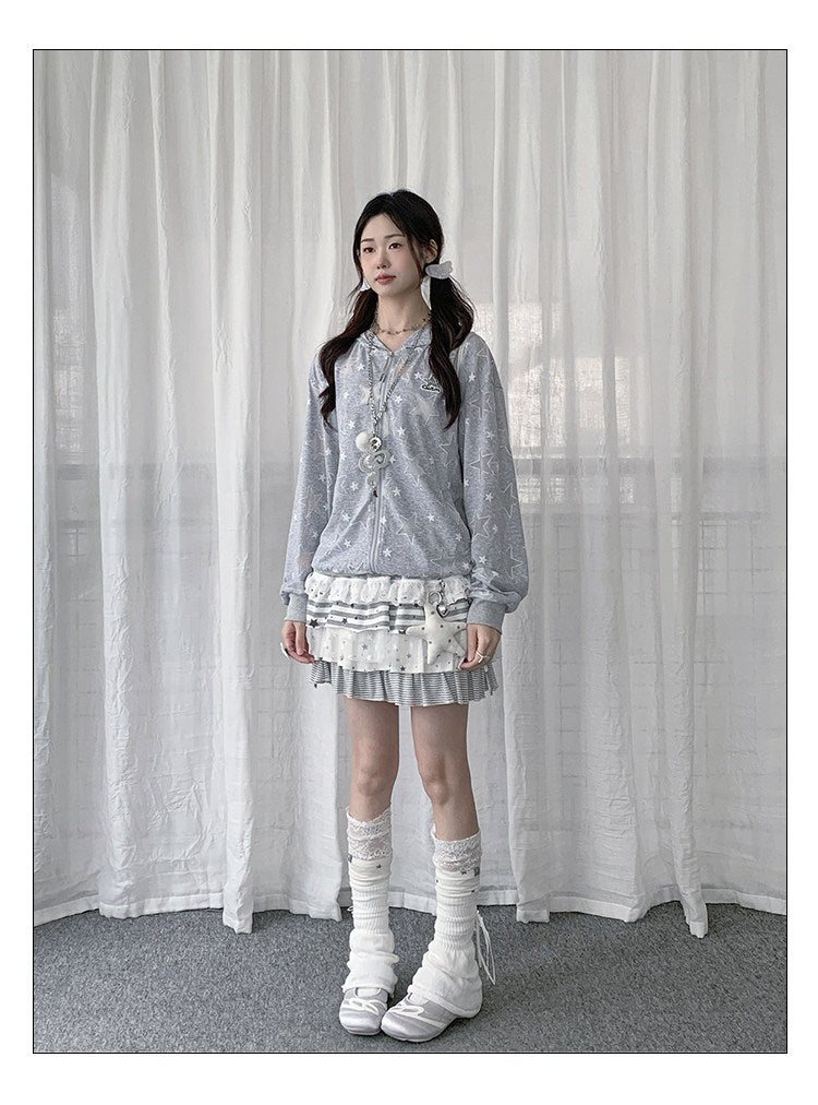 Gray Star Print Lightweight Zip-Up Hoodie