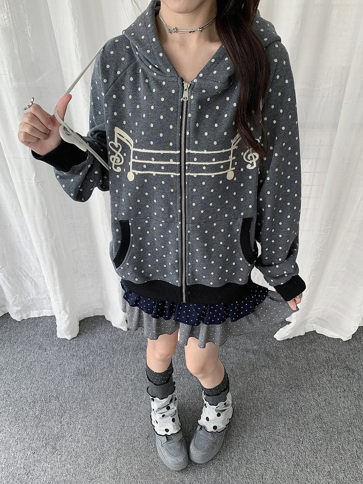 Polka Dot Music-Note Embroidered Zip Hoodie