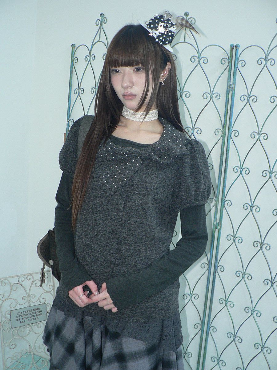 Polka Dot Bow Knit Top & Long Sleeve Two-Piece Set