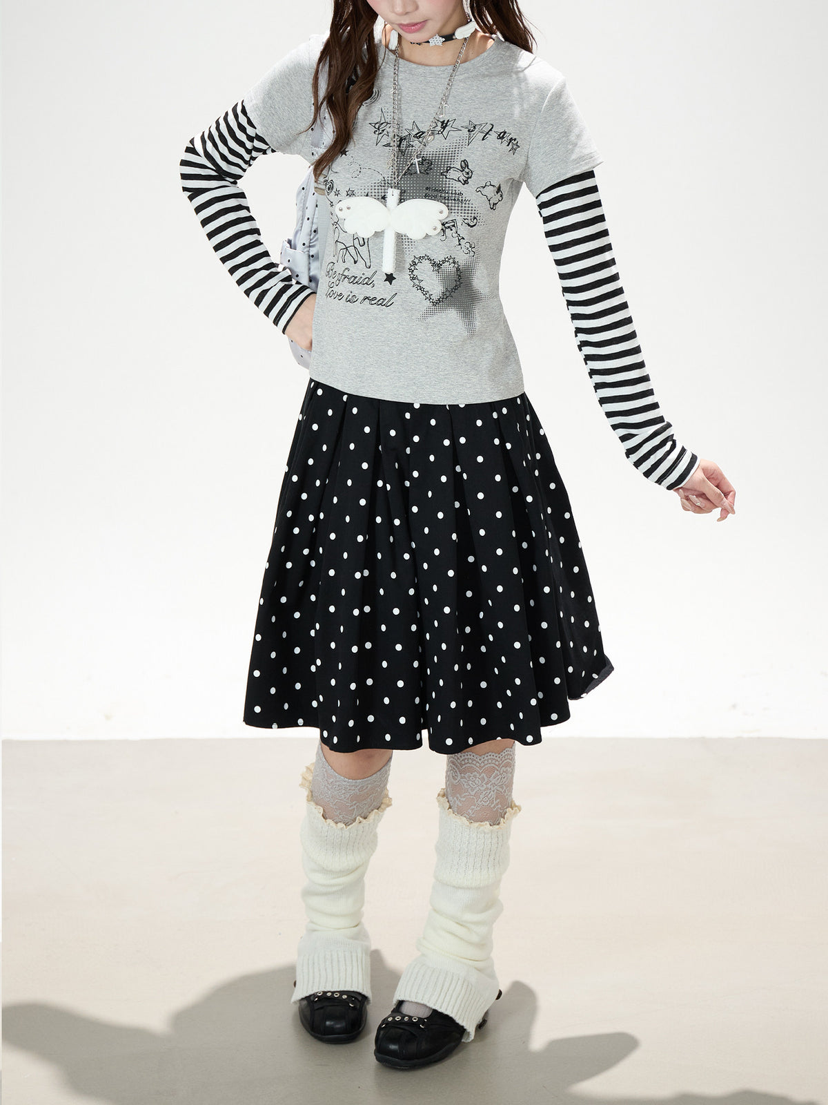 Striped Faux-Layered Graphic Long Sleeve Top & Polka Dot Pleated Mini Skirt