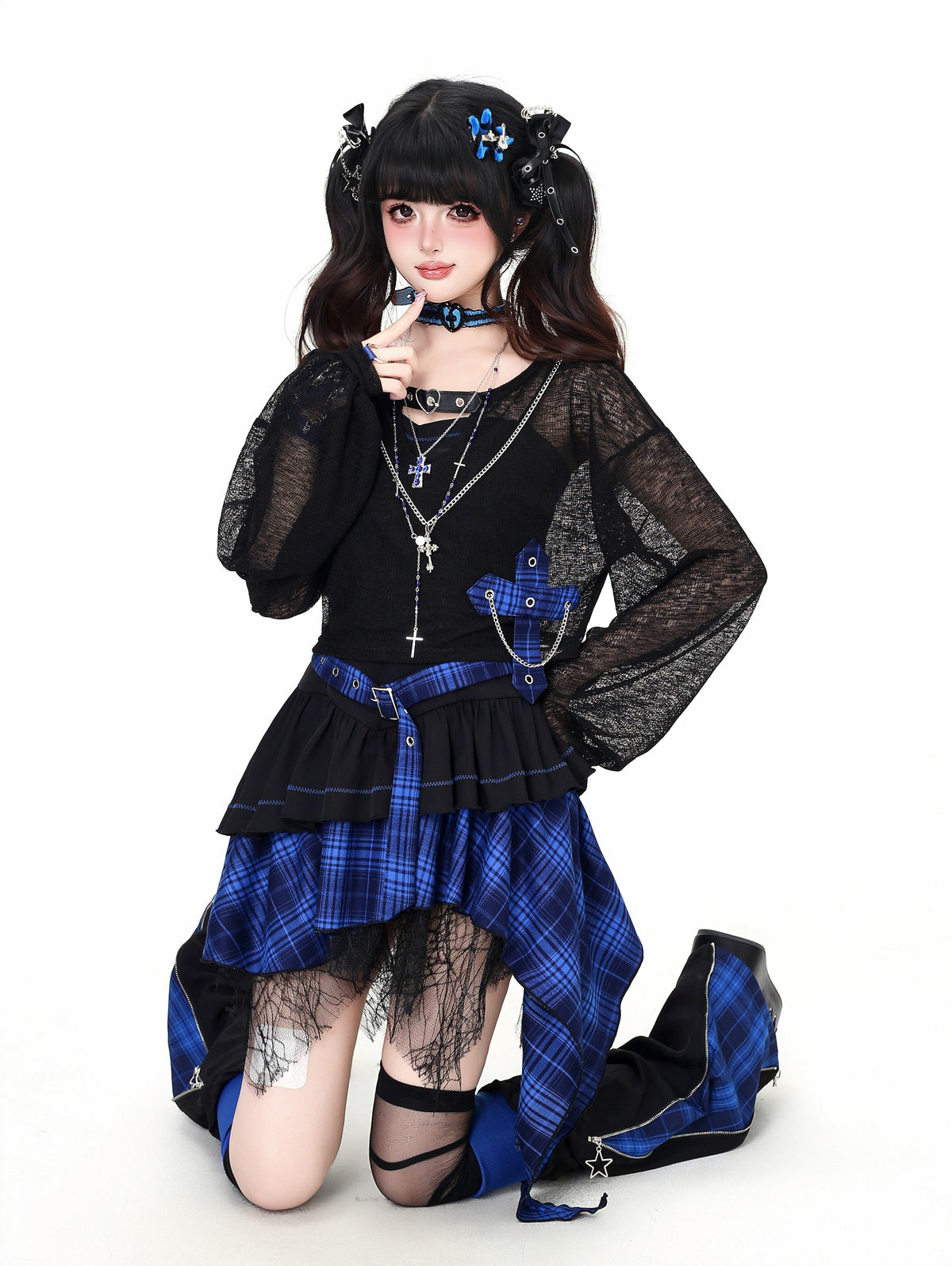 Lost Island Plaid Layered Dress, Sheer Shrug & Star Leg Warmers