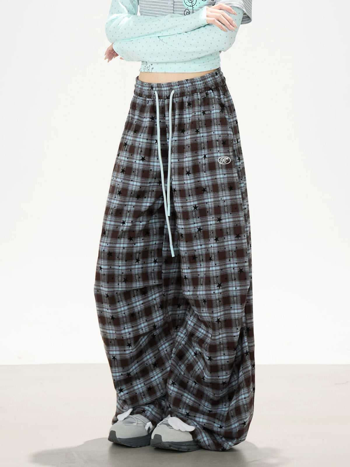 Star Plaid Wide-Leg Pants
