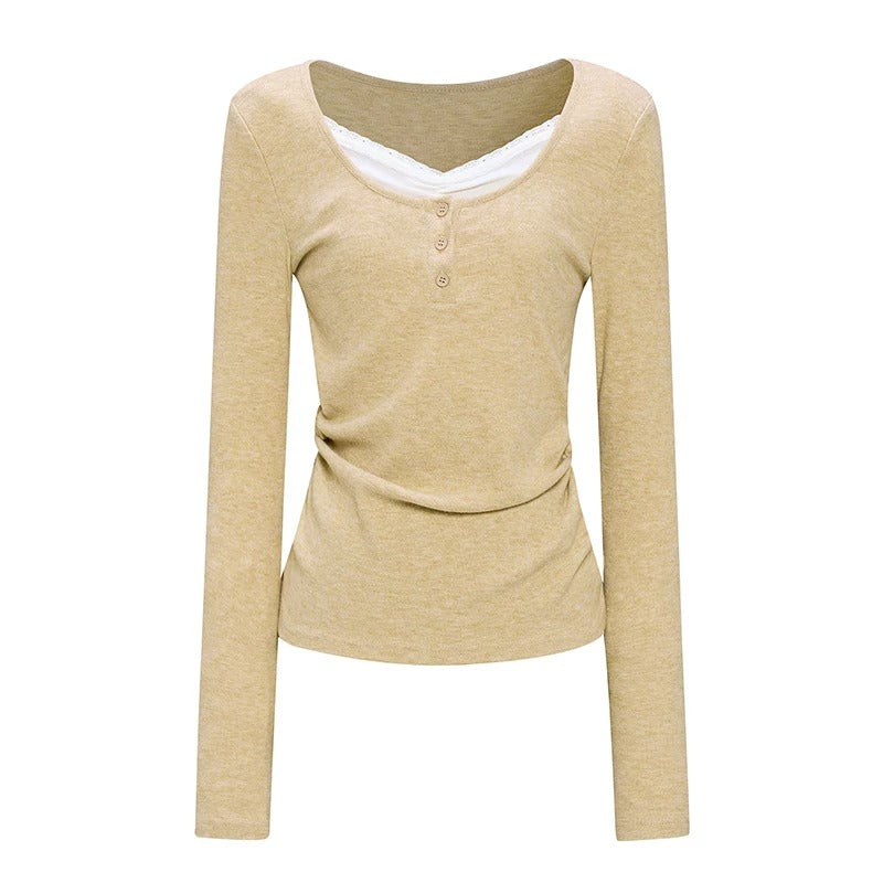 Faux-Layered V-Neck Long Sleeve Top & Ruffle Mini Skirt