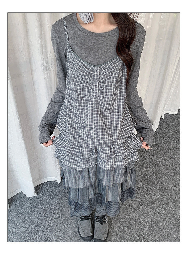 Gray Plaid Cami & Long Sleeve Layered Top Set