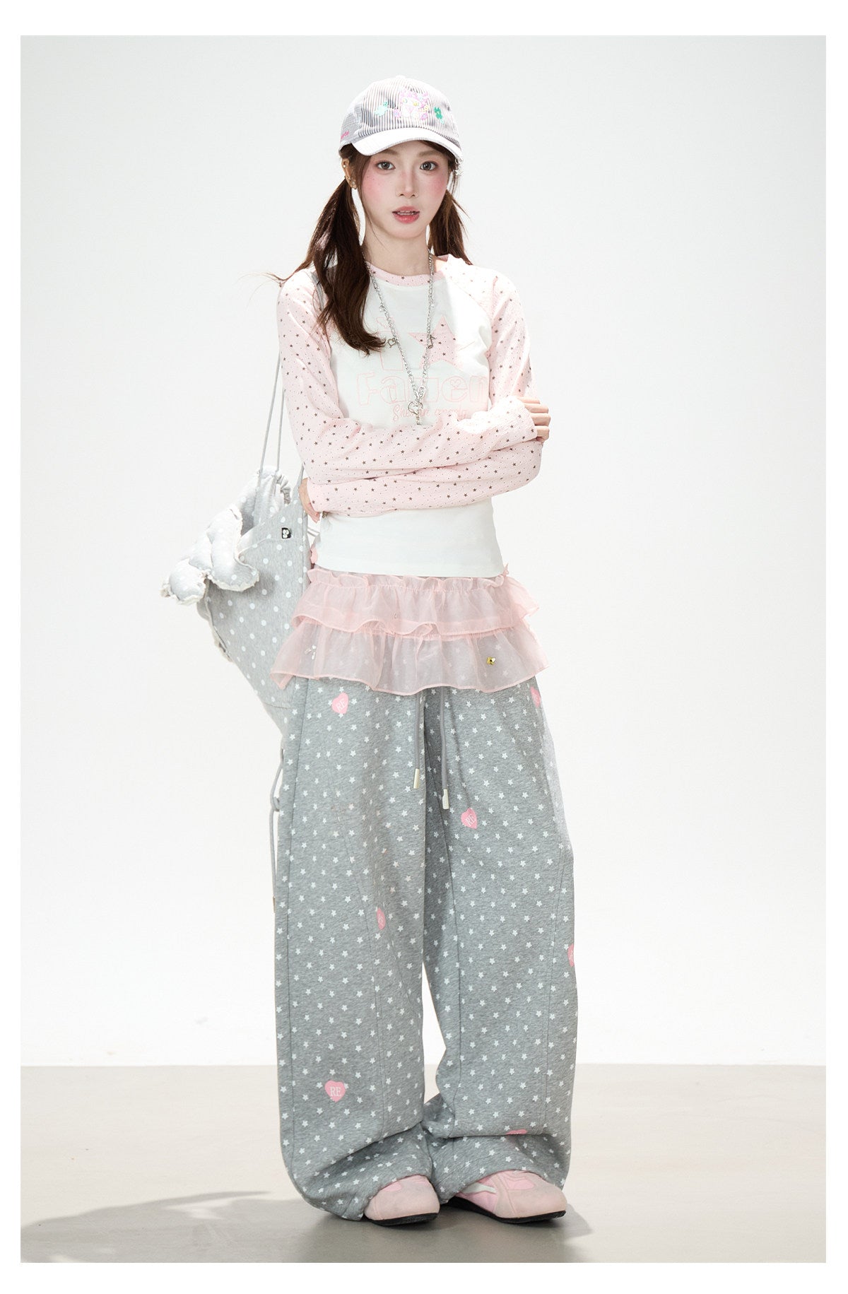 Pink Star Raglan Long Sleeve Top & Gray Heart Star Wide-Leg Pants