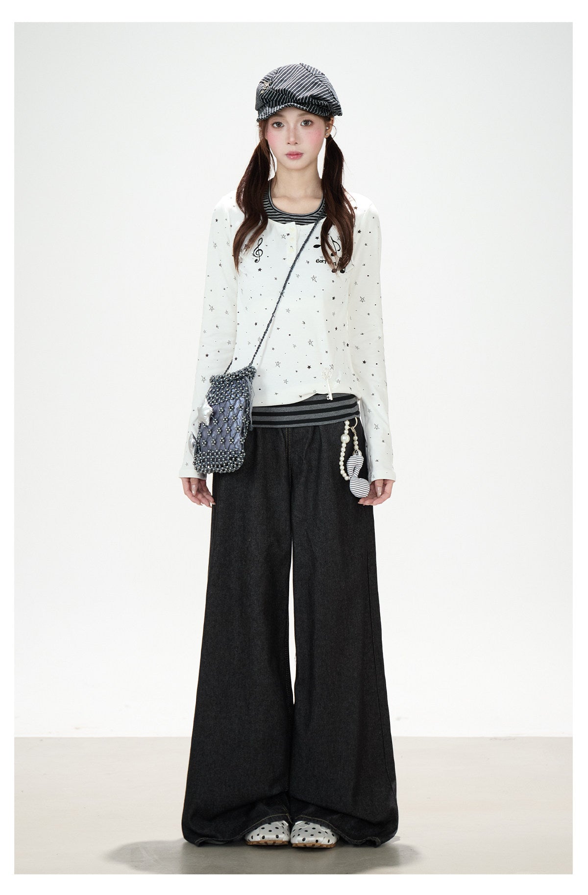 Star Music Note Halter Layered Long Sleeve Top & Black Wide-Leg Pants