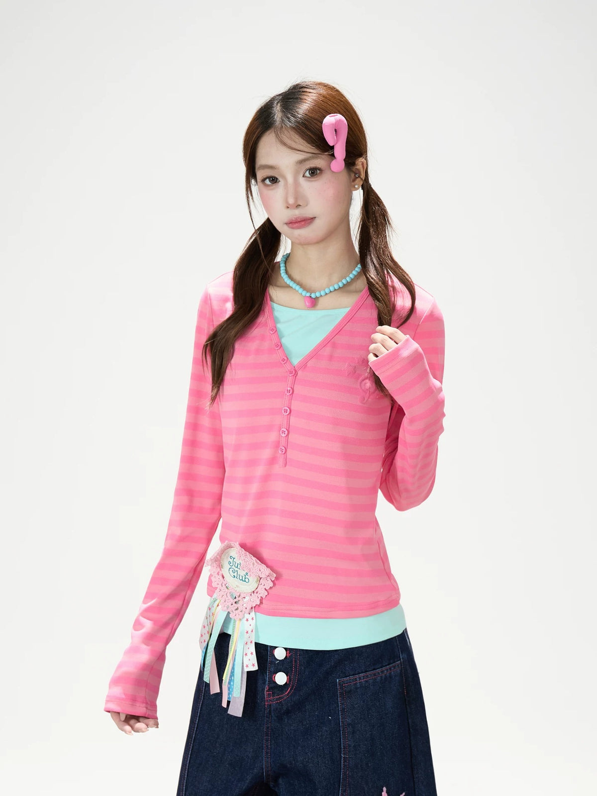 Pink Stripe Layered Long Sleeve Top & Music Note Star Embroidered Wide-Leg Jeans