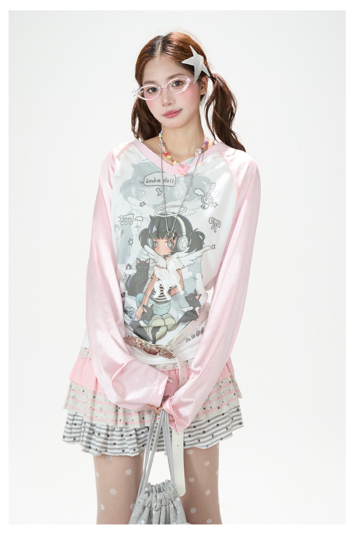 Cartoon Angel Raglan Long Sleeve Top & Black Star Drawstring Shorts