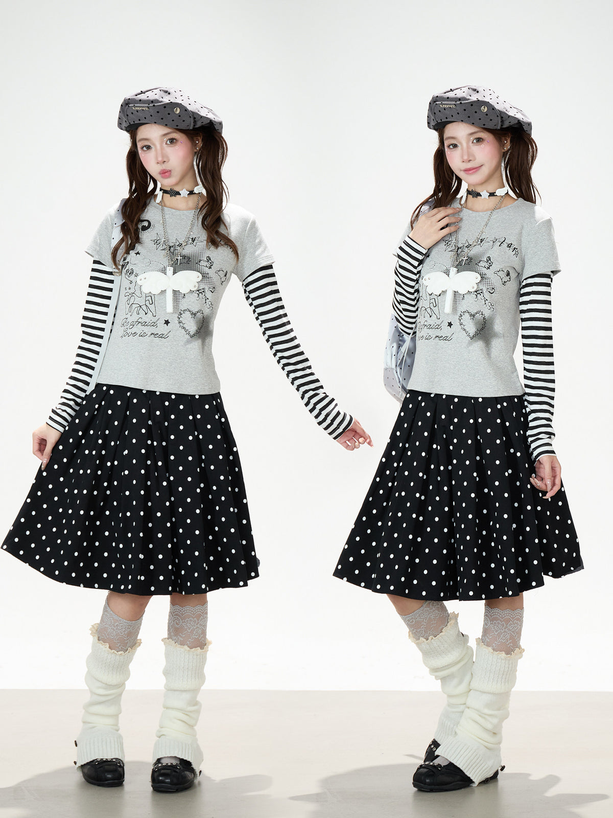 Striped Faux-Layered Graphic Long Sleeve Top & Polka Dot Pleated Mini Skirt
