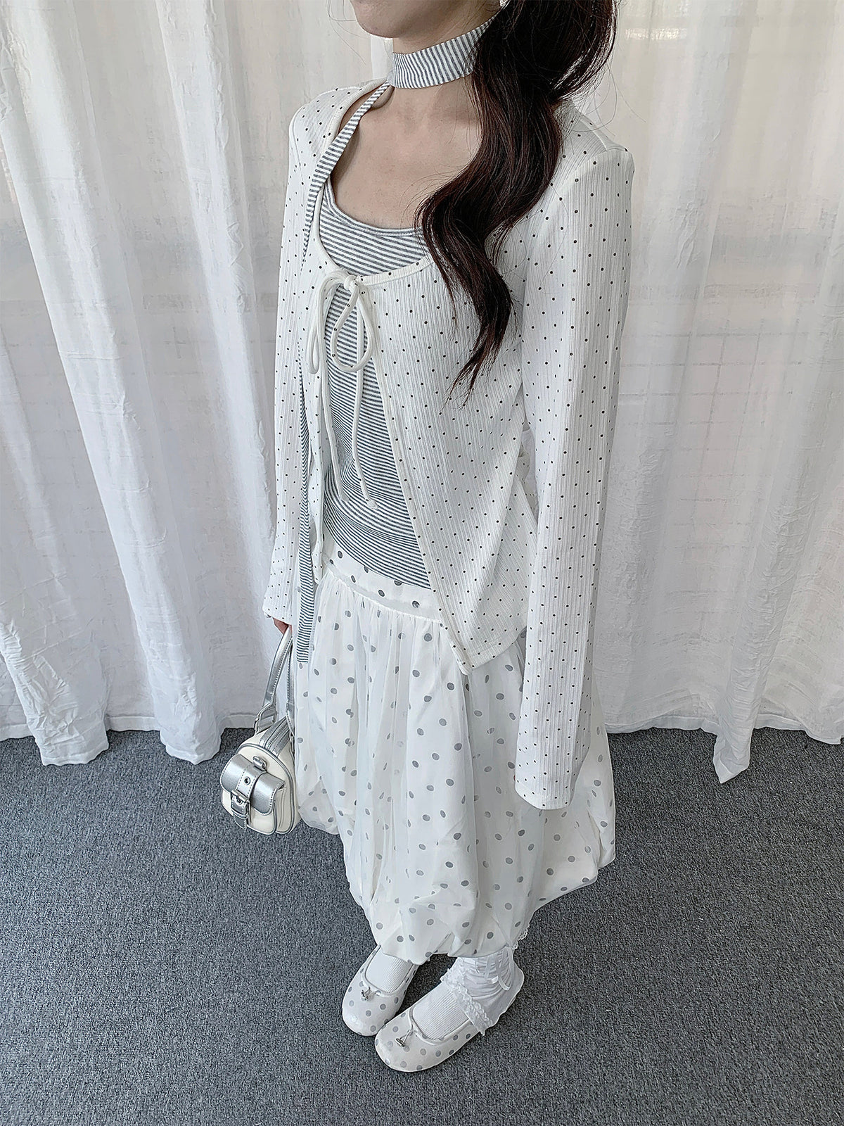 Polka Dot Tie-Front Layered Long Sleeve Top