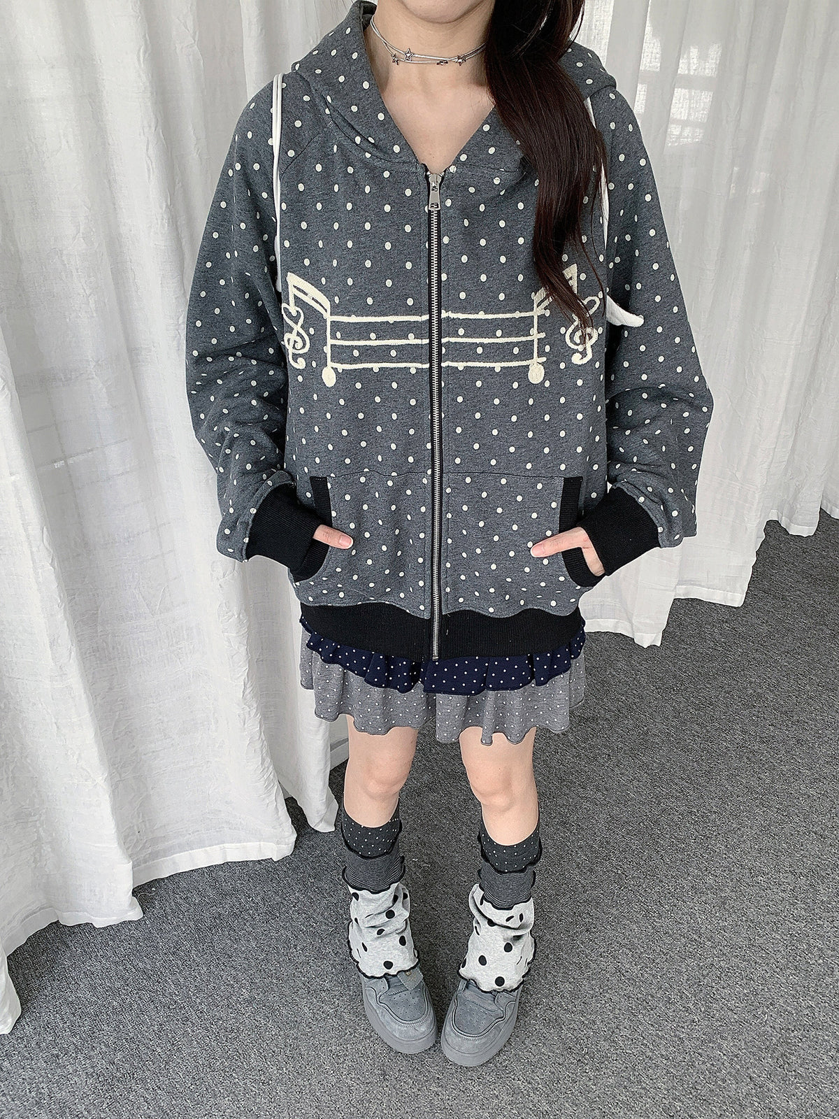 Polka Dot Music-Note Embroidered Zip Hoodie