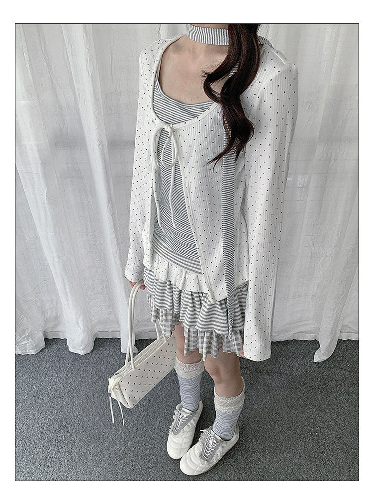 Polka Dot Tie Cardigan & Striped Cami Set