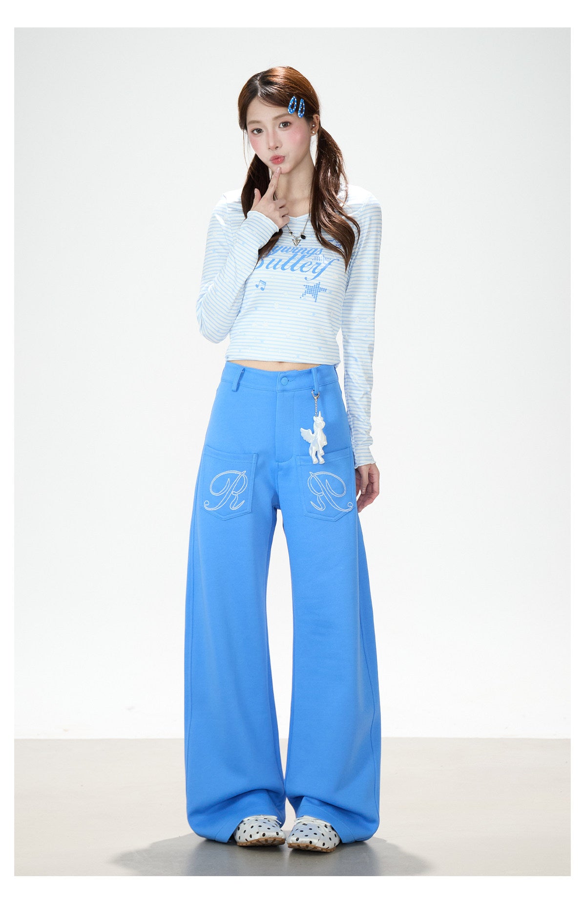Star Stripe Long Sleeve Top & Blue Wide-Leg Pants