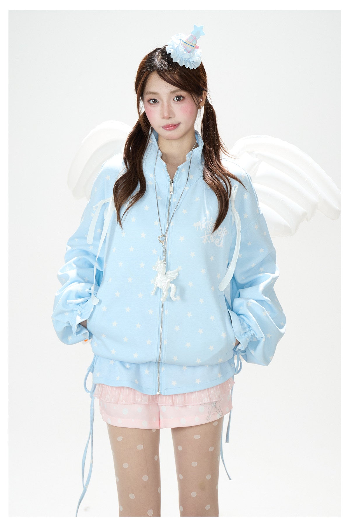 Allover Star Zip-Up Sweatshirt Jacket & Blue Plaid Tiered Midi Skirt