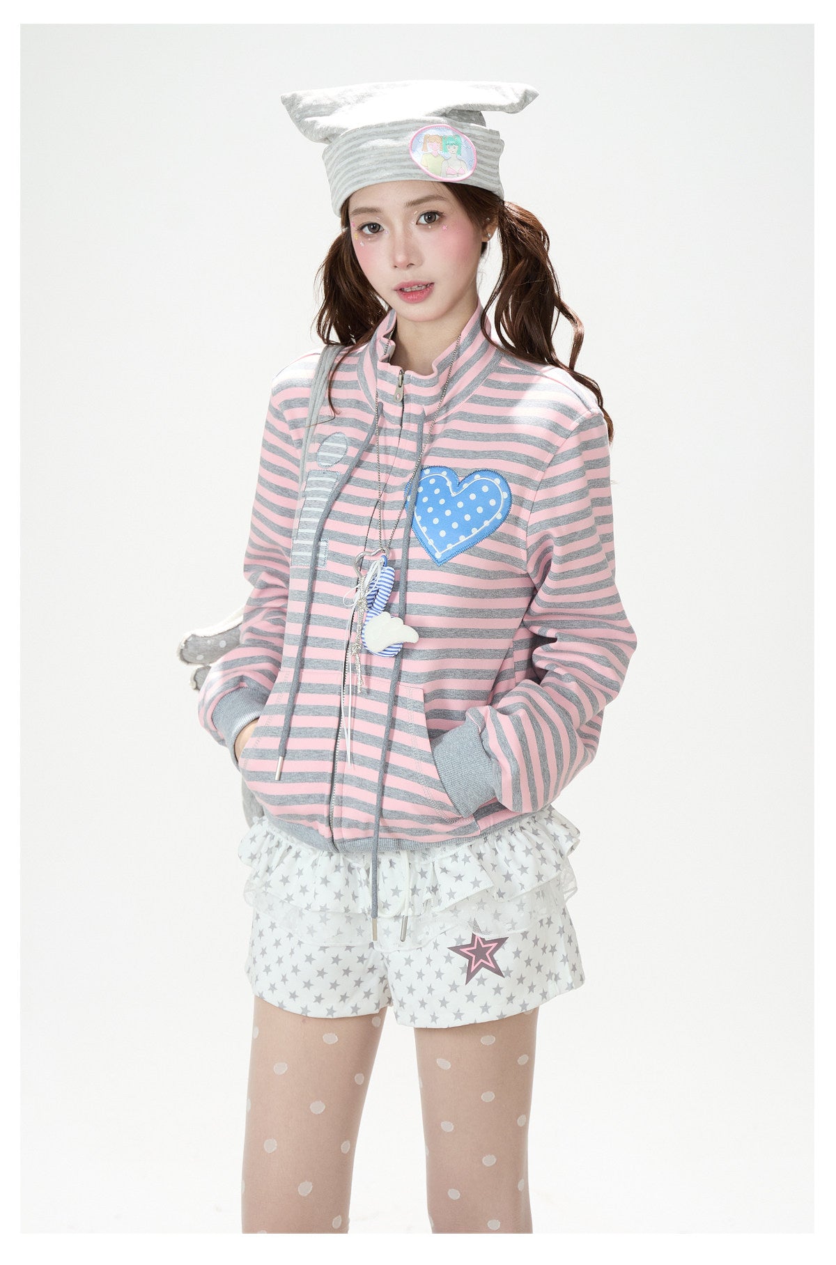 Heart Stripe Zip-Up Sweatshirt Jacket & White Star Shorts