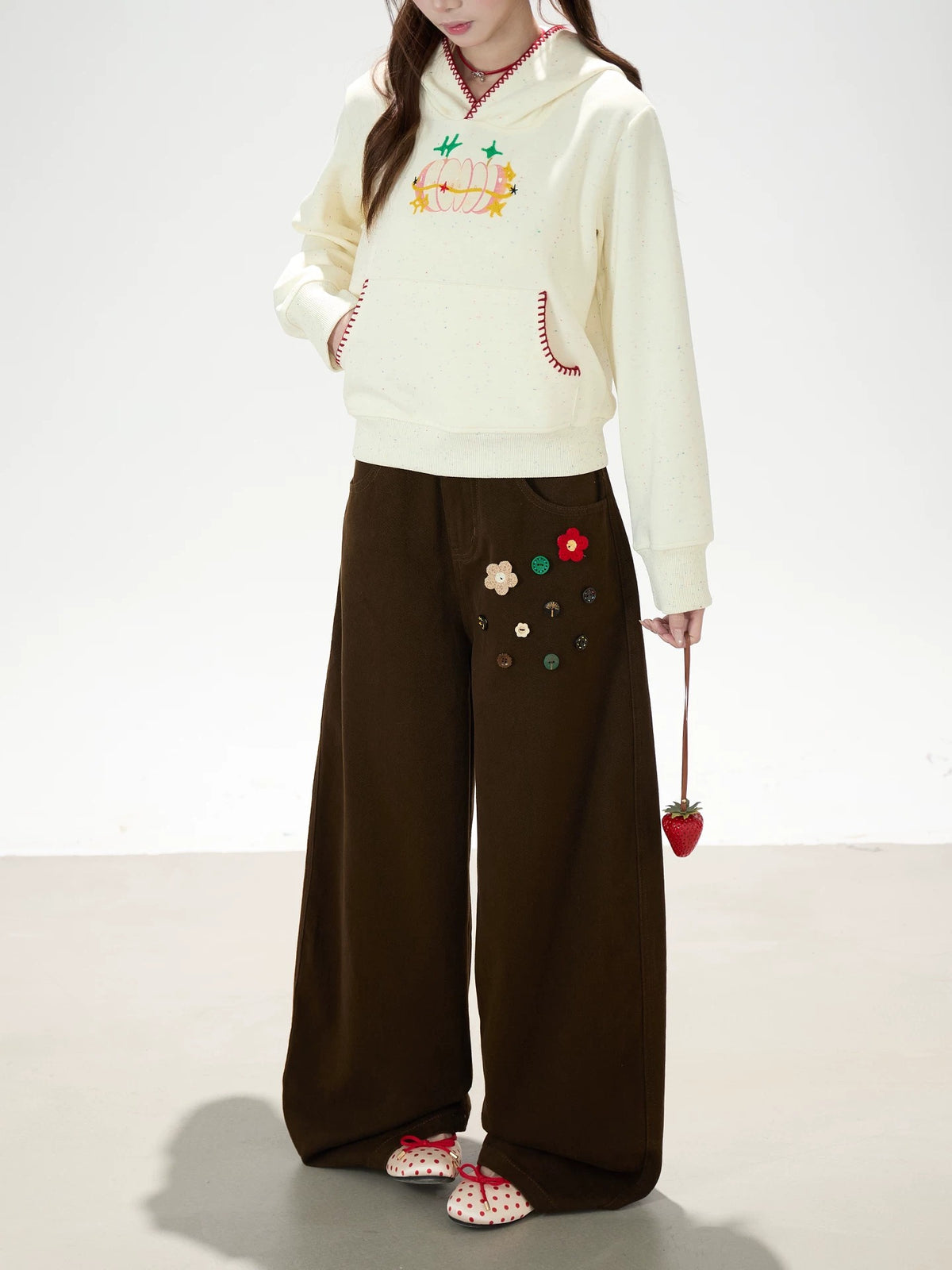 Apple Embroidered Hoodie & Floral Wide-Leg Sweatpants