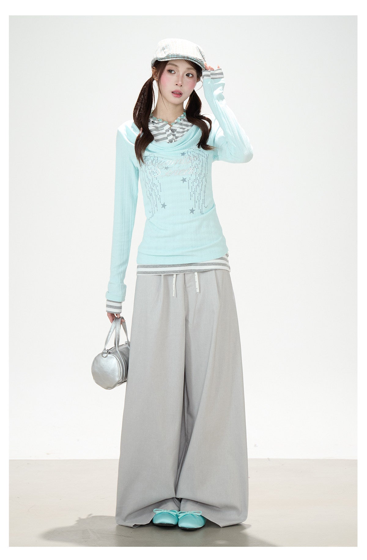 Cowl-Neck Hooded Layered Long Sleeve Top & Gray Wide-Leg Pants